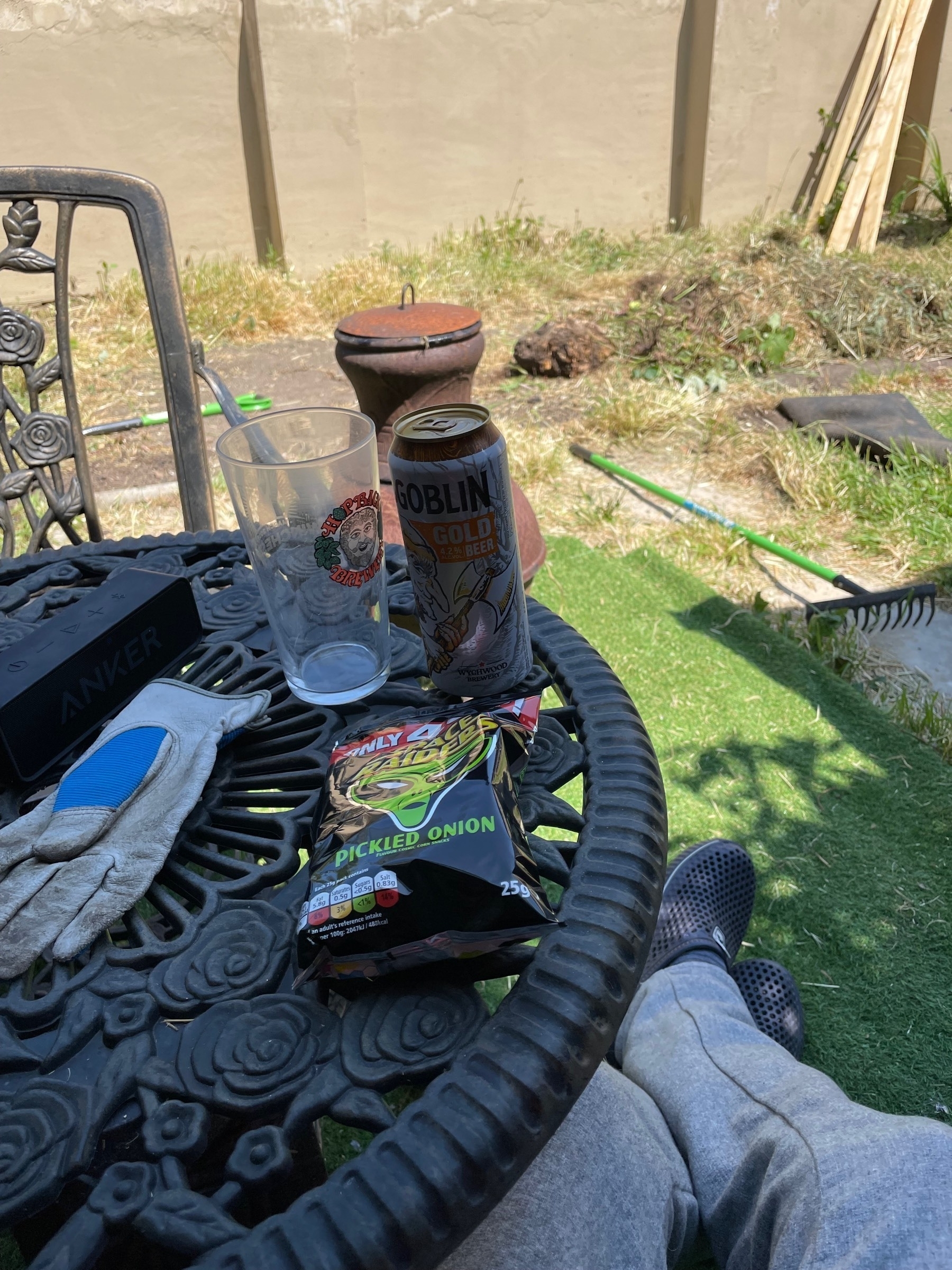 Photo from seat in my garden with a table in front of me that has space raiders and hobgoblin beer ready to be consumed. 