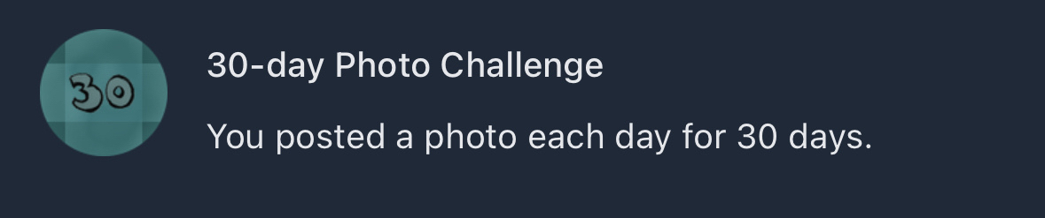 screenshot of the 30 day photo blog pin awarded by micro.blog for posting a photo for 30 consecutive days
