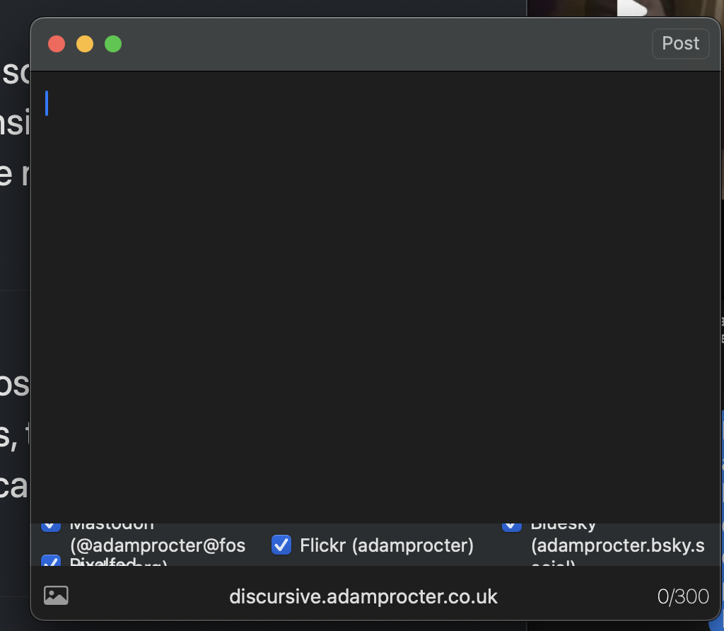 screenshot of post window on macOS from micro.blog app where cross posting lists are hard to read as the panel doesnt slide up far enough