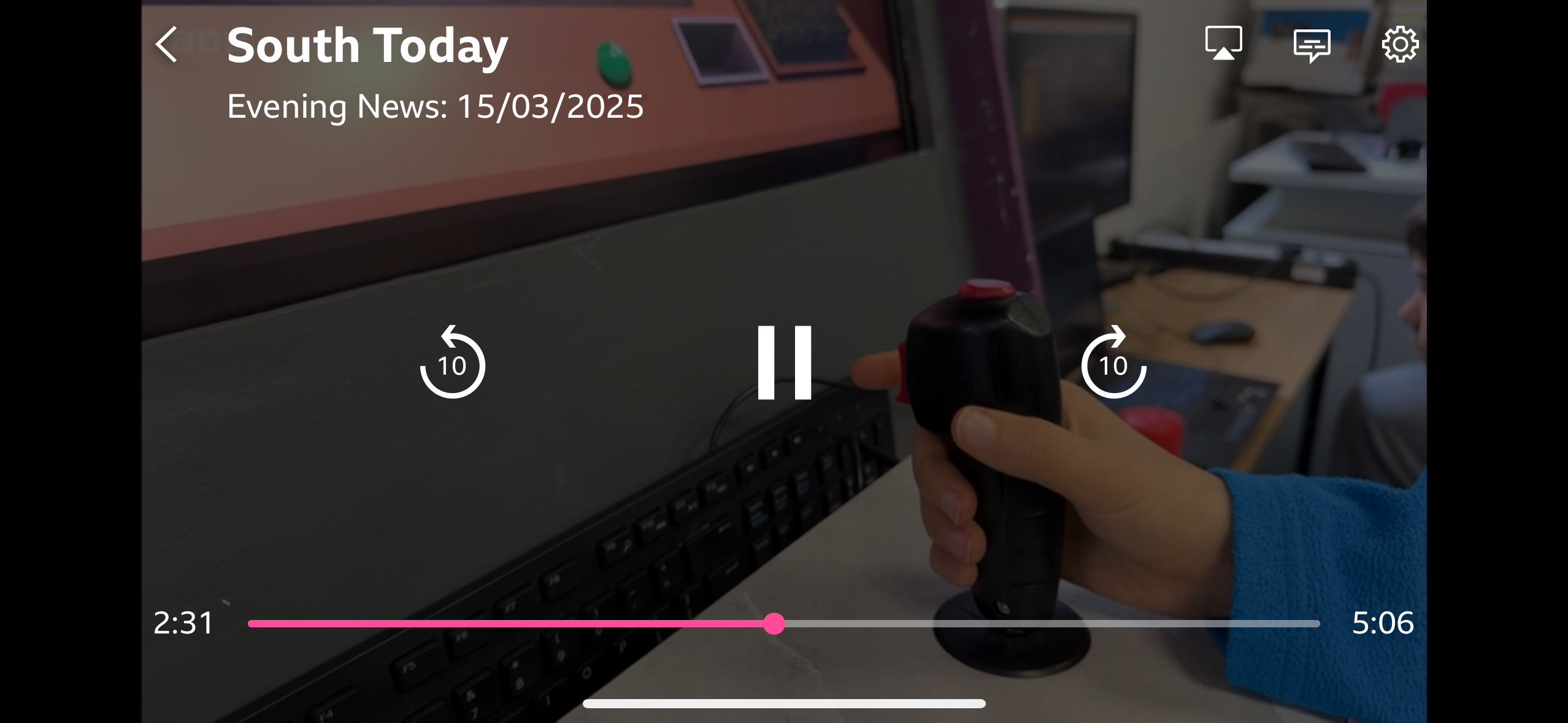 Screenshot of bbc iPlayer clips from footage of games being played with iPlayer overlay showing bbc south today programme information 