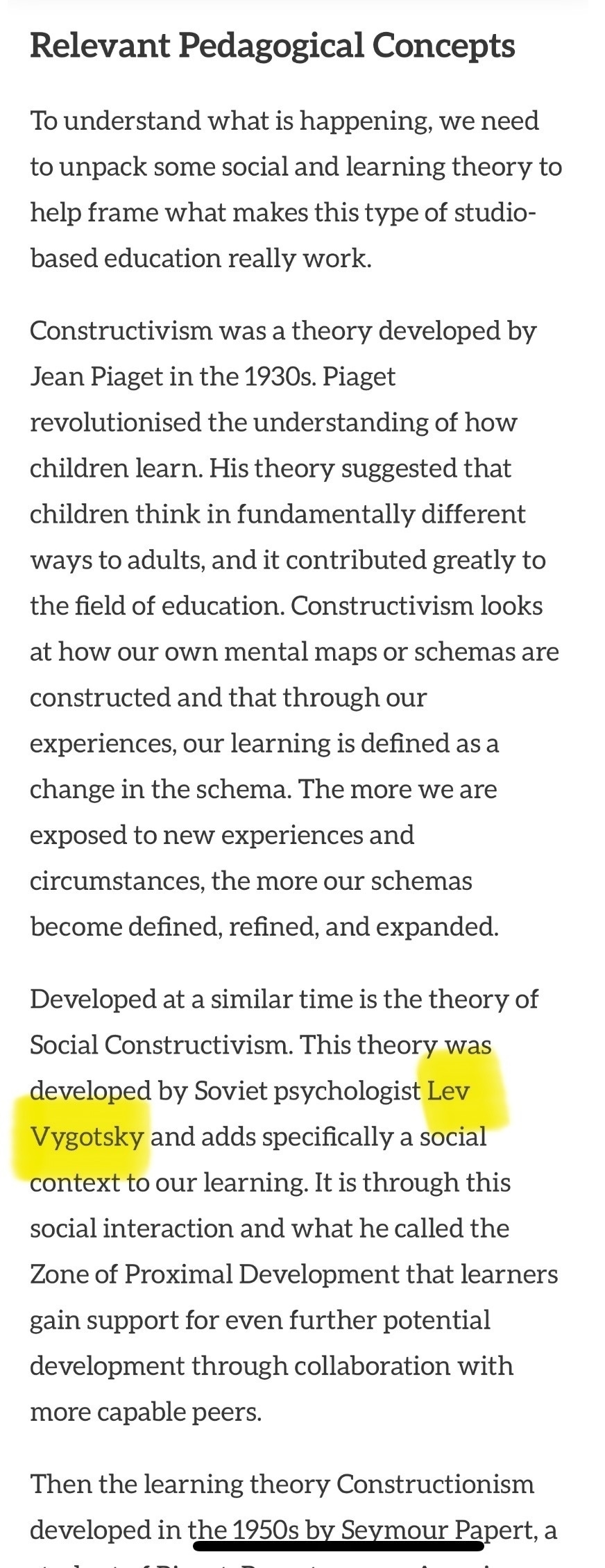 Image of text about various Pedagogical Concepts including social constructivism from my practice based PhD thesis (March 2022)