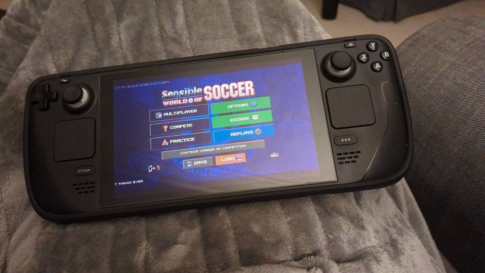 Image of friends Steamdeck with the latest sensible soccer start up screen  