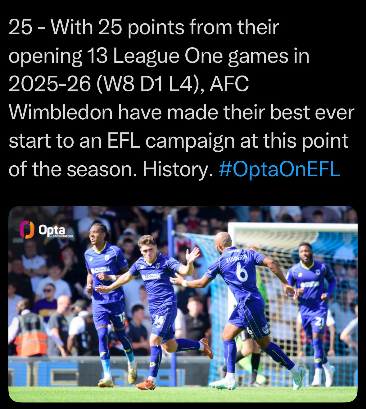 AFC Wimbledon celebrating on the field, accompanied by text highlighting AFC Wimbledon have made their best ever start to an EFL campaign ever.