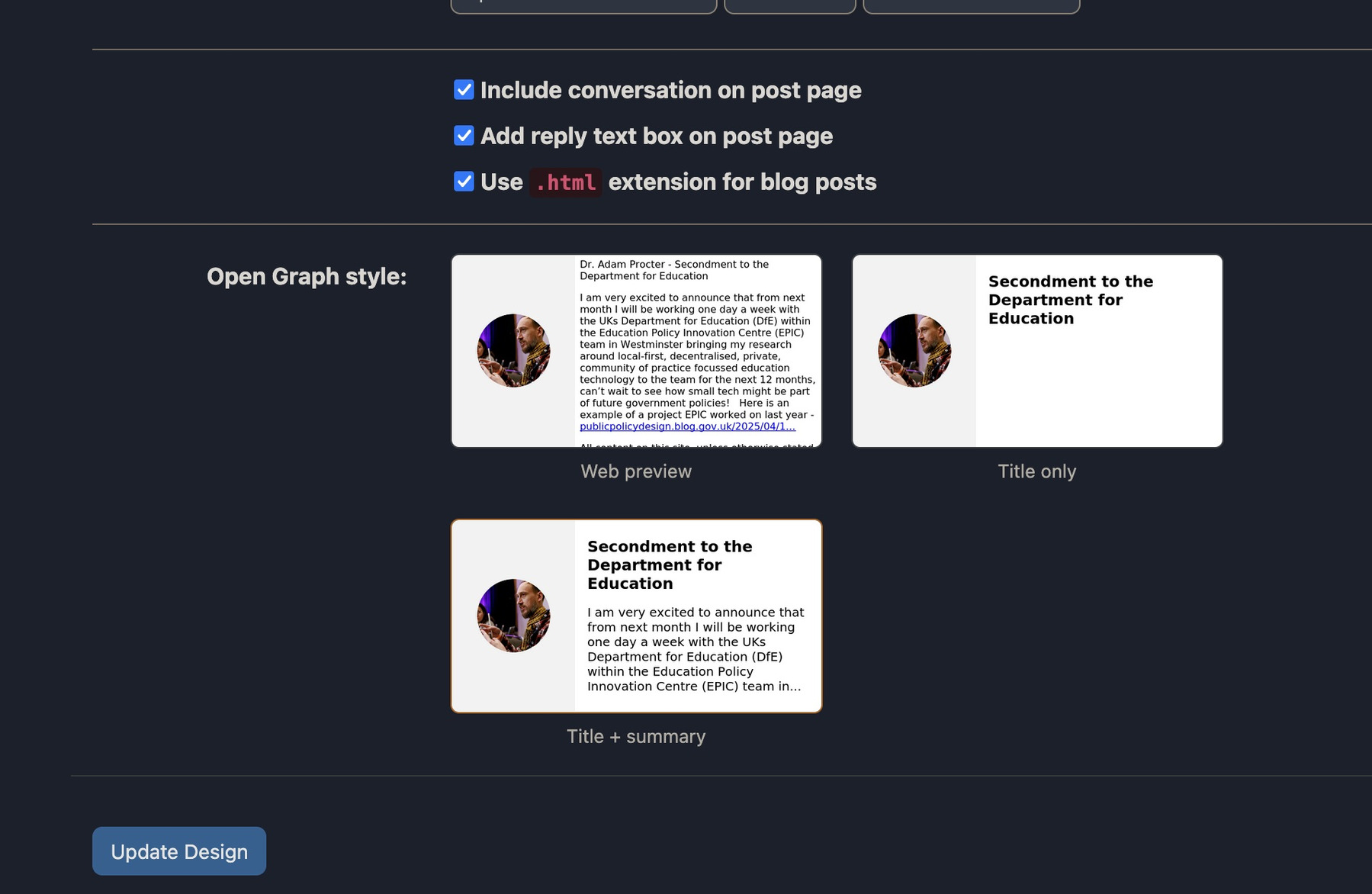 A webpage interface displays options for configuring Open Graph styles and settings, including a web preview and title layout for blog posts.