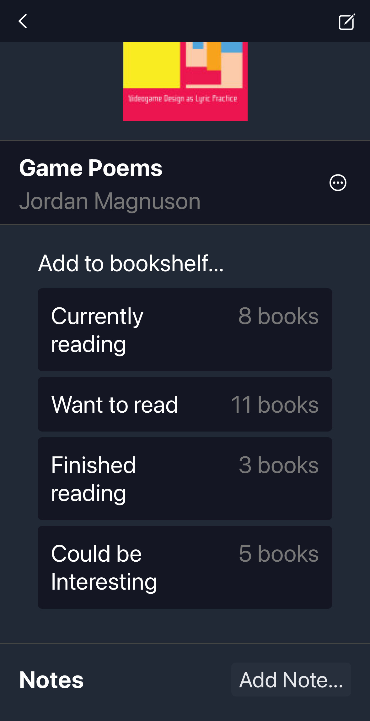 A digital interface displays a book titled "Game Poems" by Jordan Magnuson, along with options to add it to various bookshelves such as "Currently reading" and "Want to read."