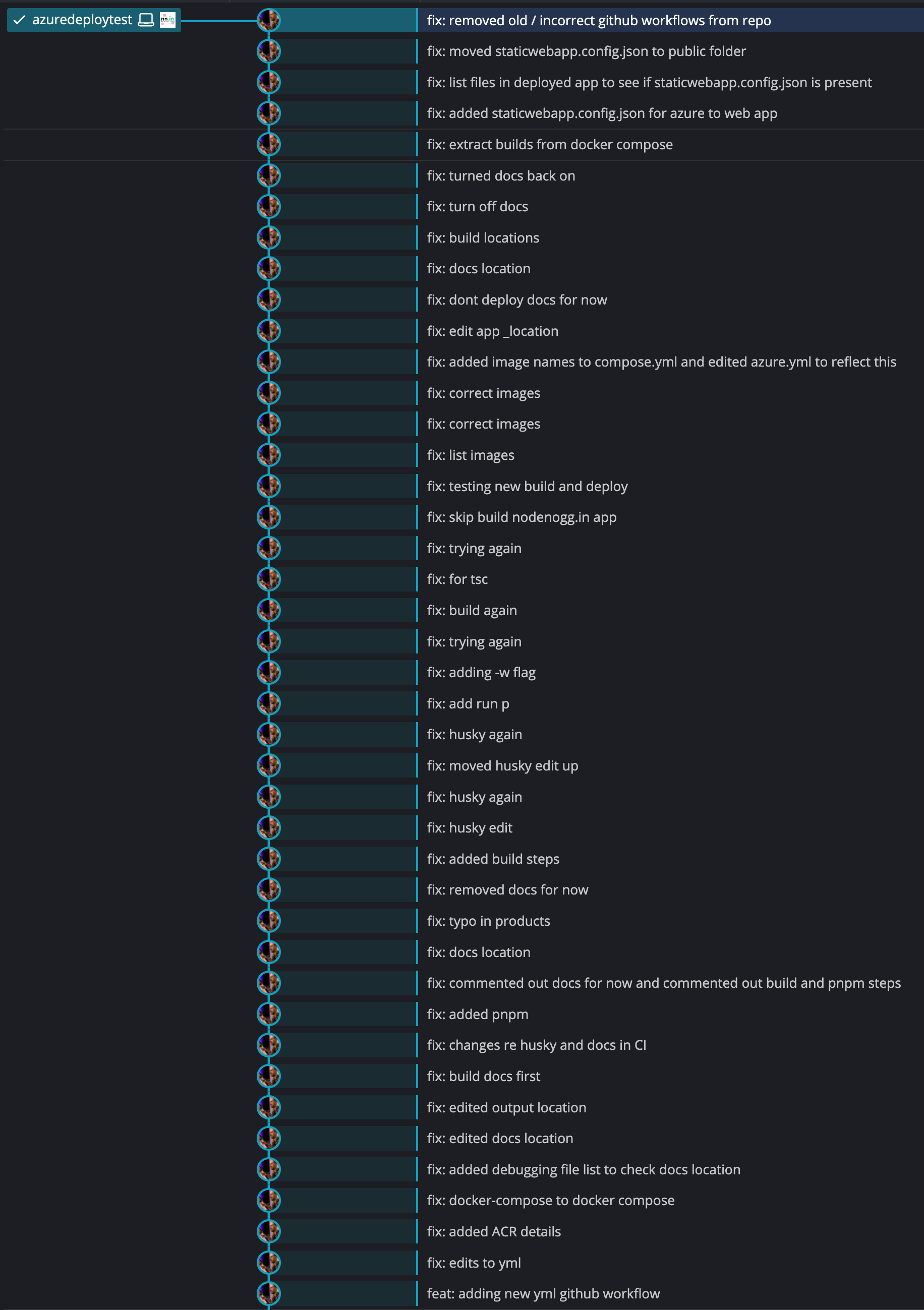 screenshot of a long list of code commits, of which most are unnecessary as mainly trial and error vibe coding