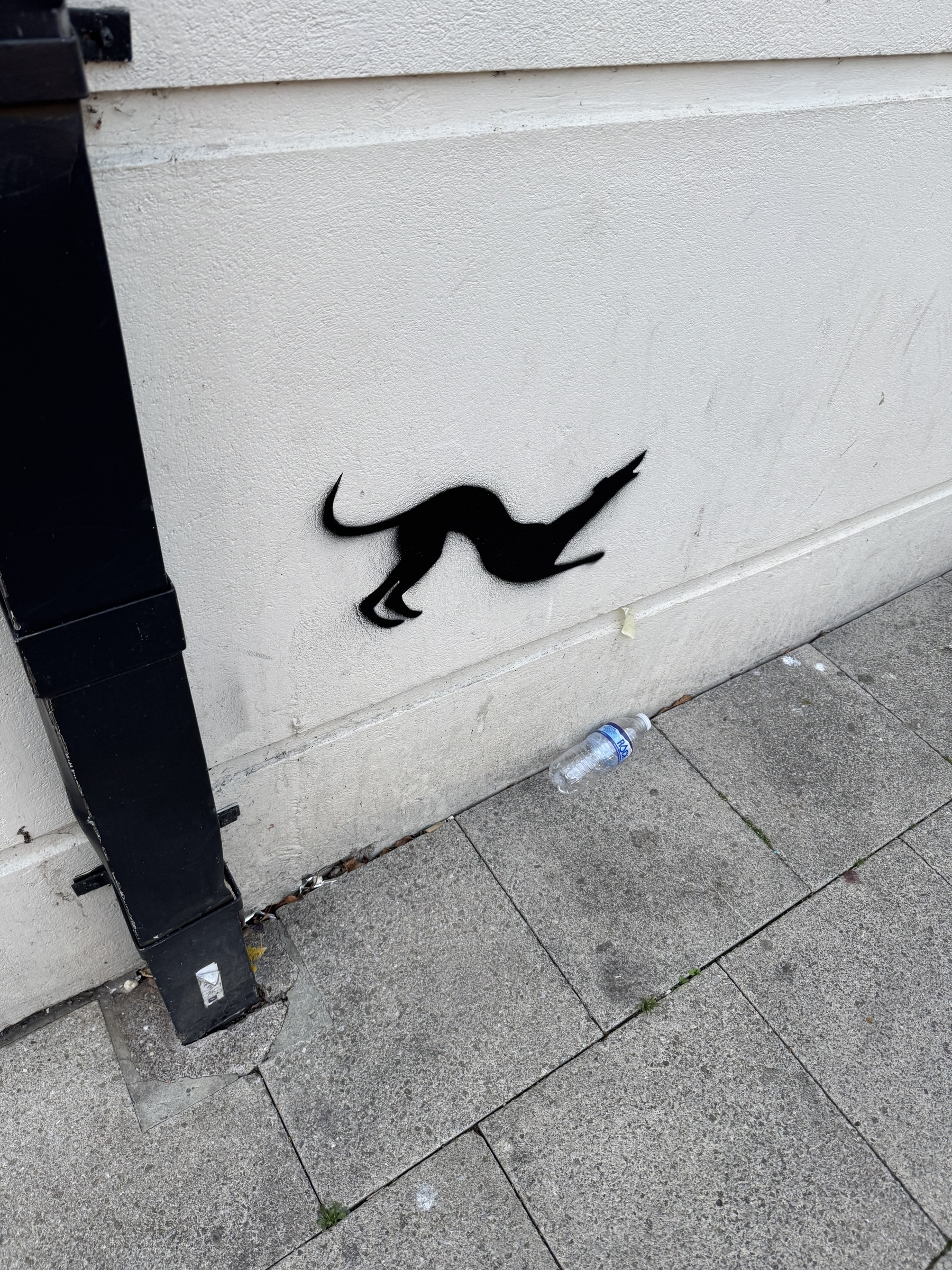 A black cat dog silhouette is spray-painted on a white wall