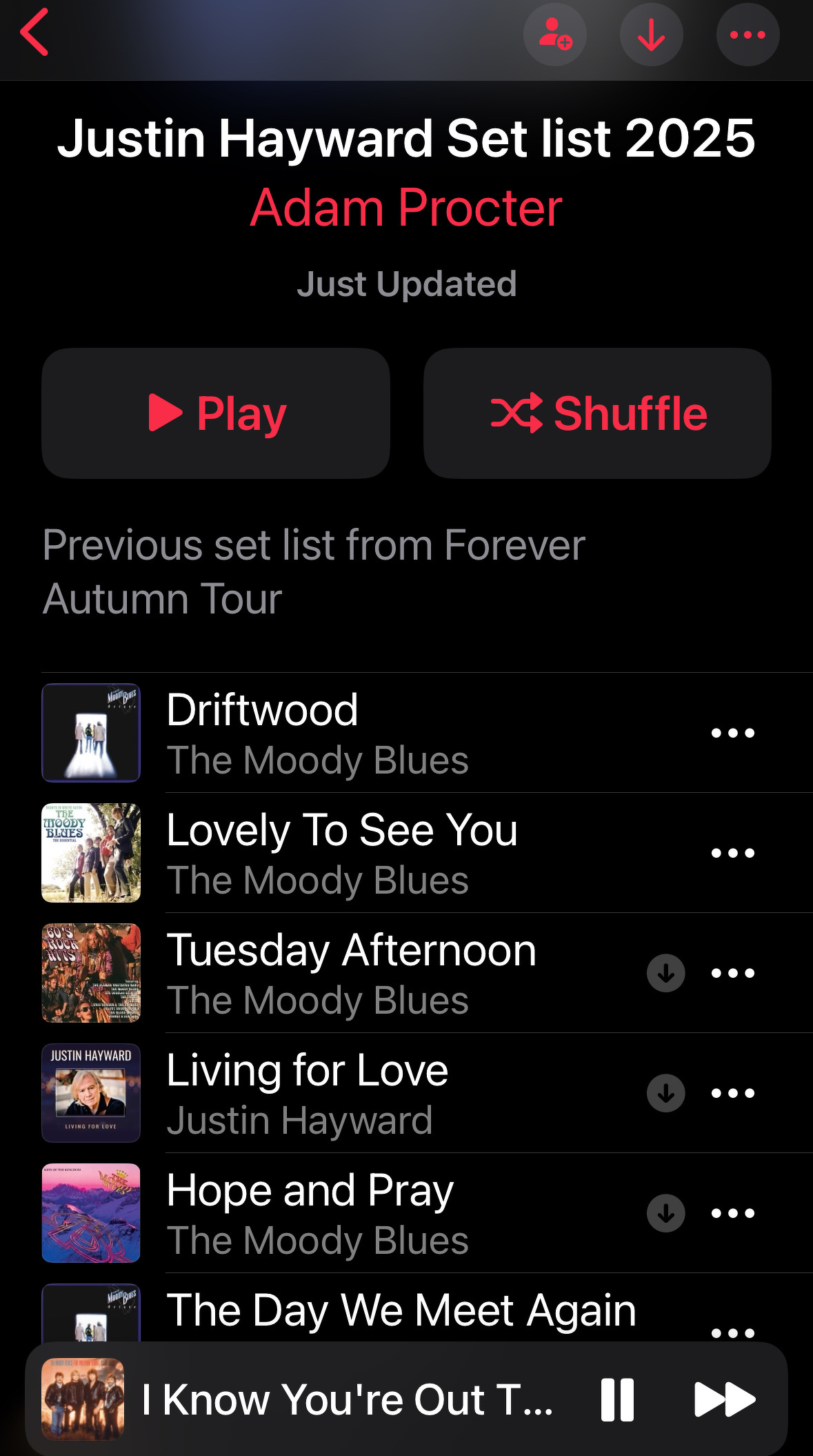 A digital music playlist titled Justin Hayward Set list 2025 features various songs, including those by The Moody Blues and Justin Hayward.