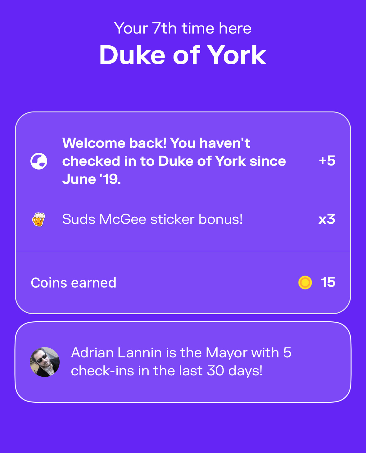 A screen displays a Swarm check-in for the Duke of York. 