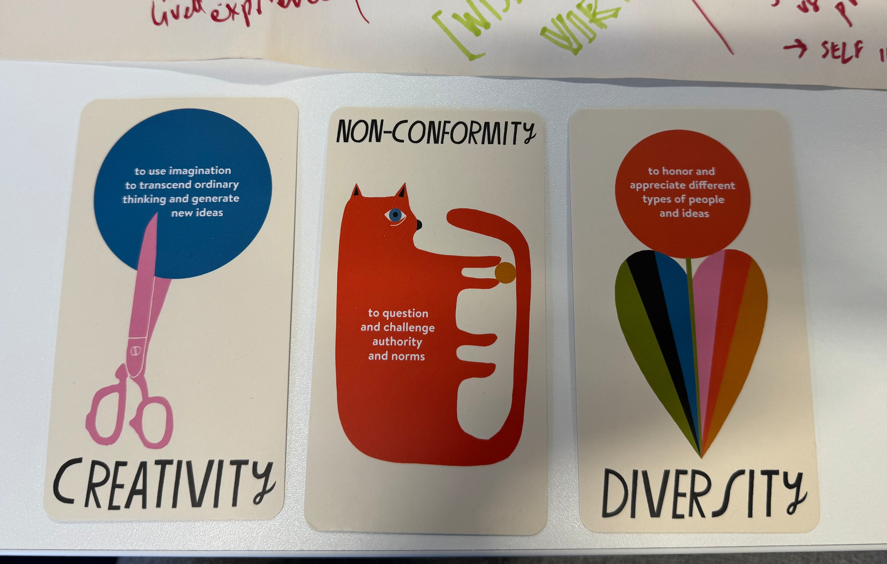 Three illustrated cards represent creativity with scissors, non-conformity with a red figure, and diversity with a colorful heart.