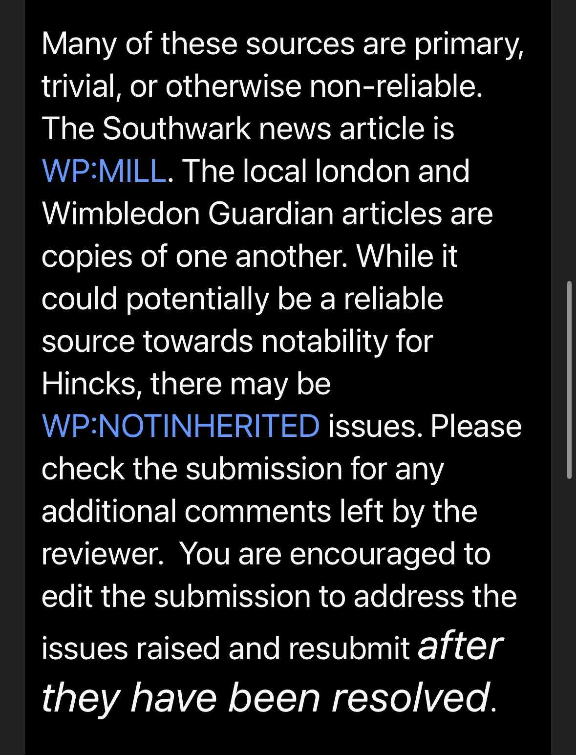 Text about the reliability of sources and submission guidelines is displayed on a black background.