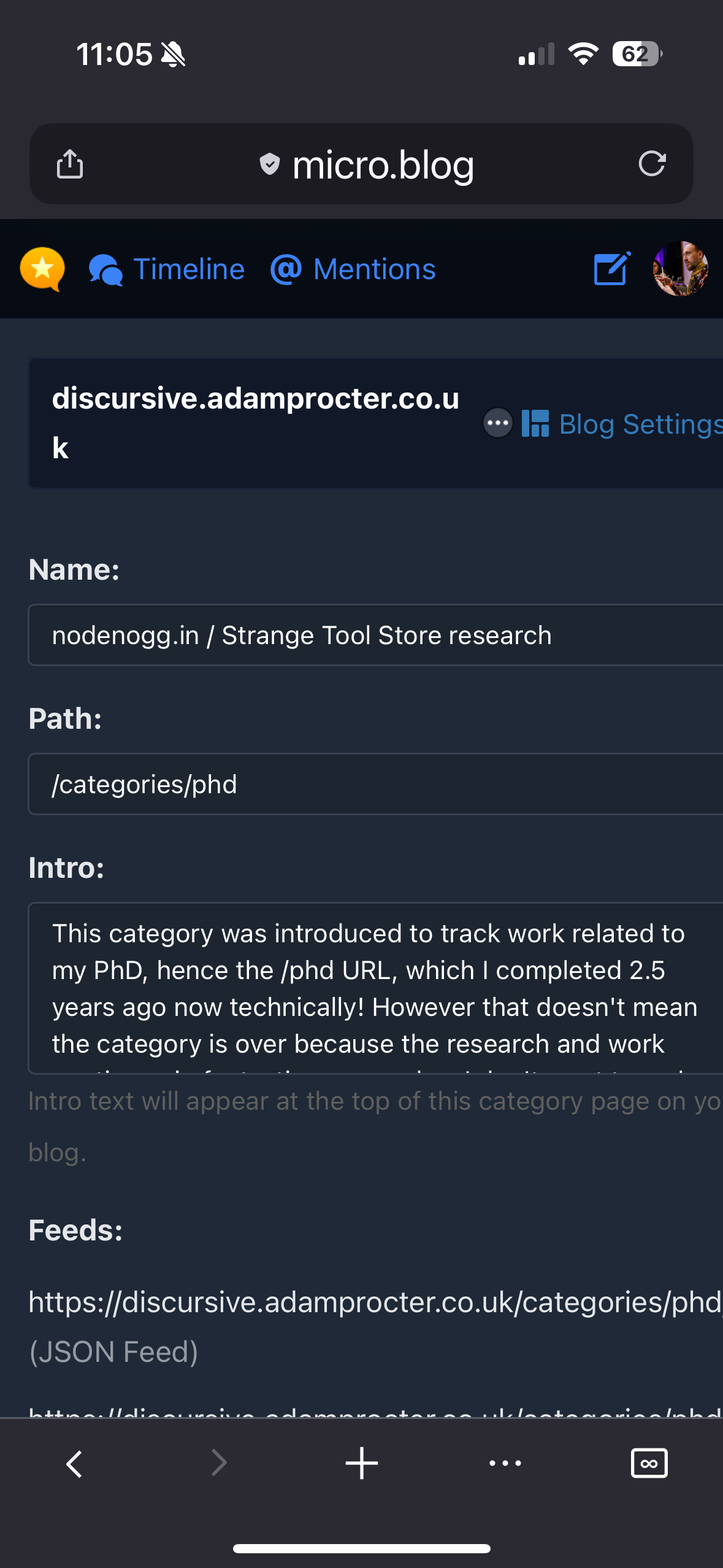 A screenshot of a blog settings page, featuring details such as an intro about a PhD category and related links.