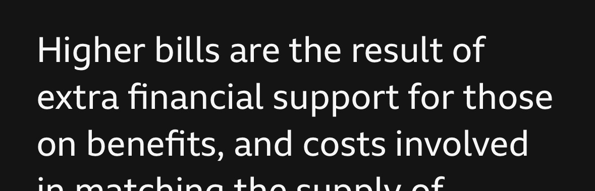 Text describes higher bills resulting from extra financial support for those on benefits and associated costs.