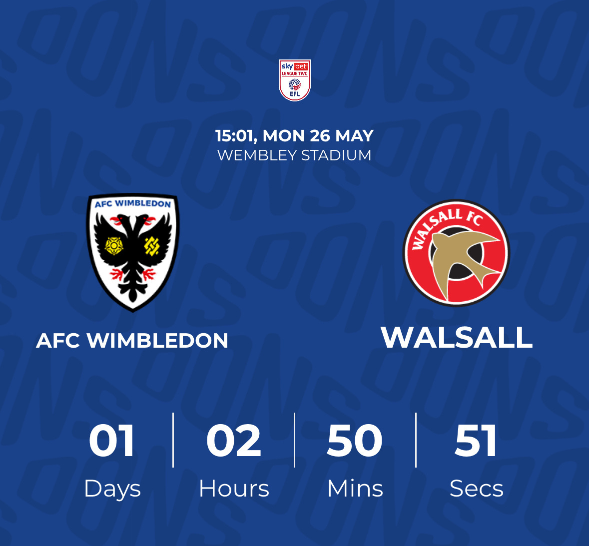 Photo of Wimbledon v Walsall count down clock to the kick off - 1 day 2 hours, 50 mins and 51 seconds 