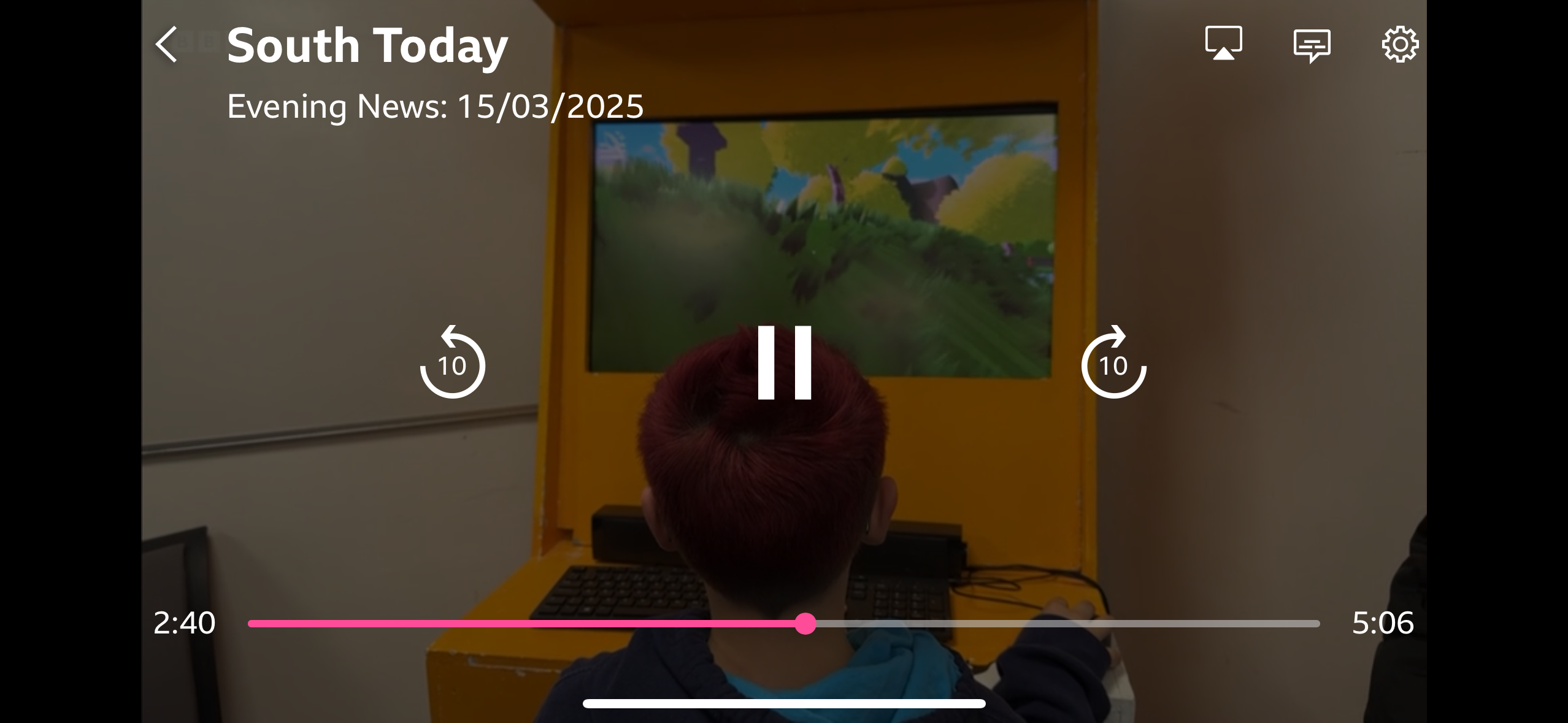Screenshot of bbc iPlayer clips from footage of games being played with iPlayer overlay showing bbc south today programme information