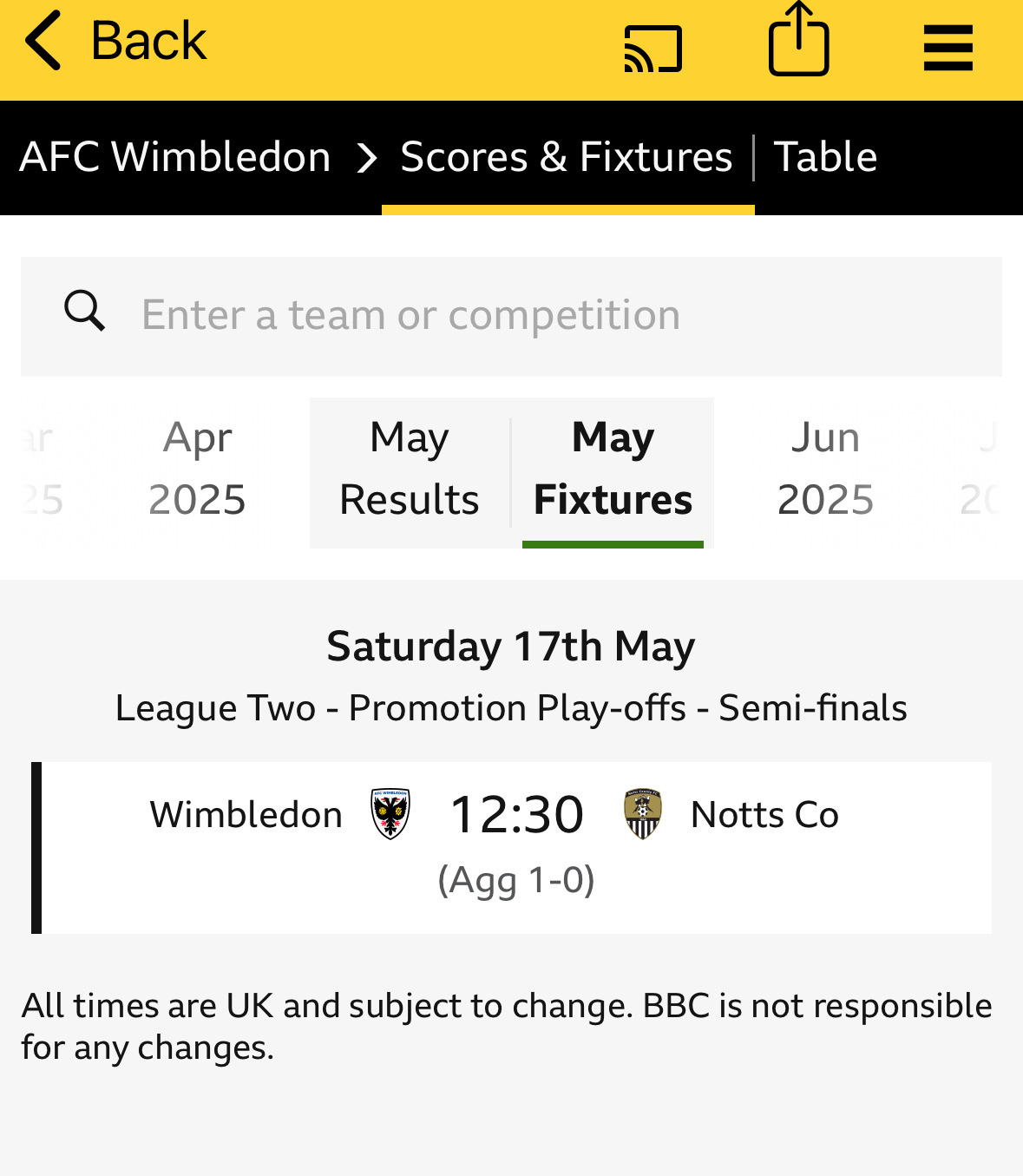 BBC sport screenshot of game info Wimbledon v Notts country aggregate 1-0 to Wimbledon