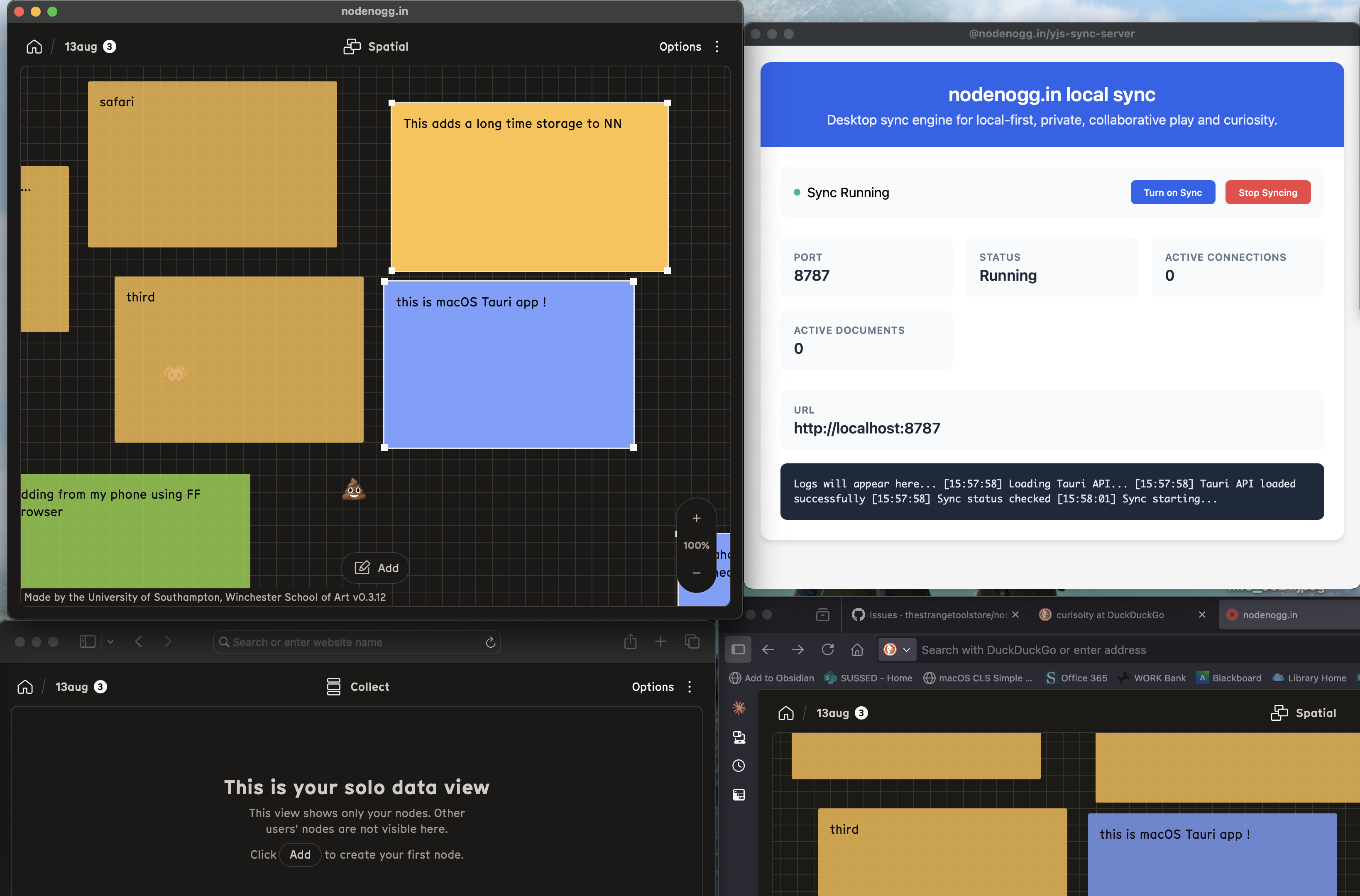 A computer screen displays several applications, including a note-taking app, local sync information, and a personal data view.
